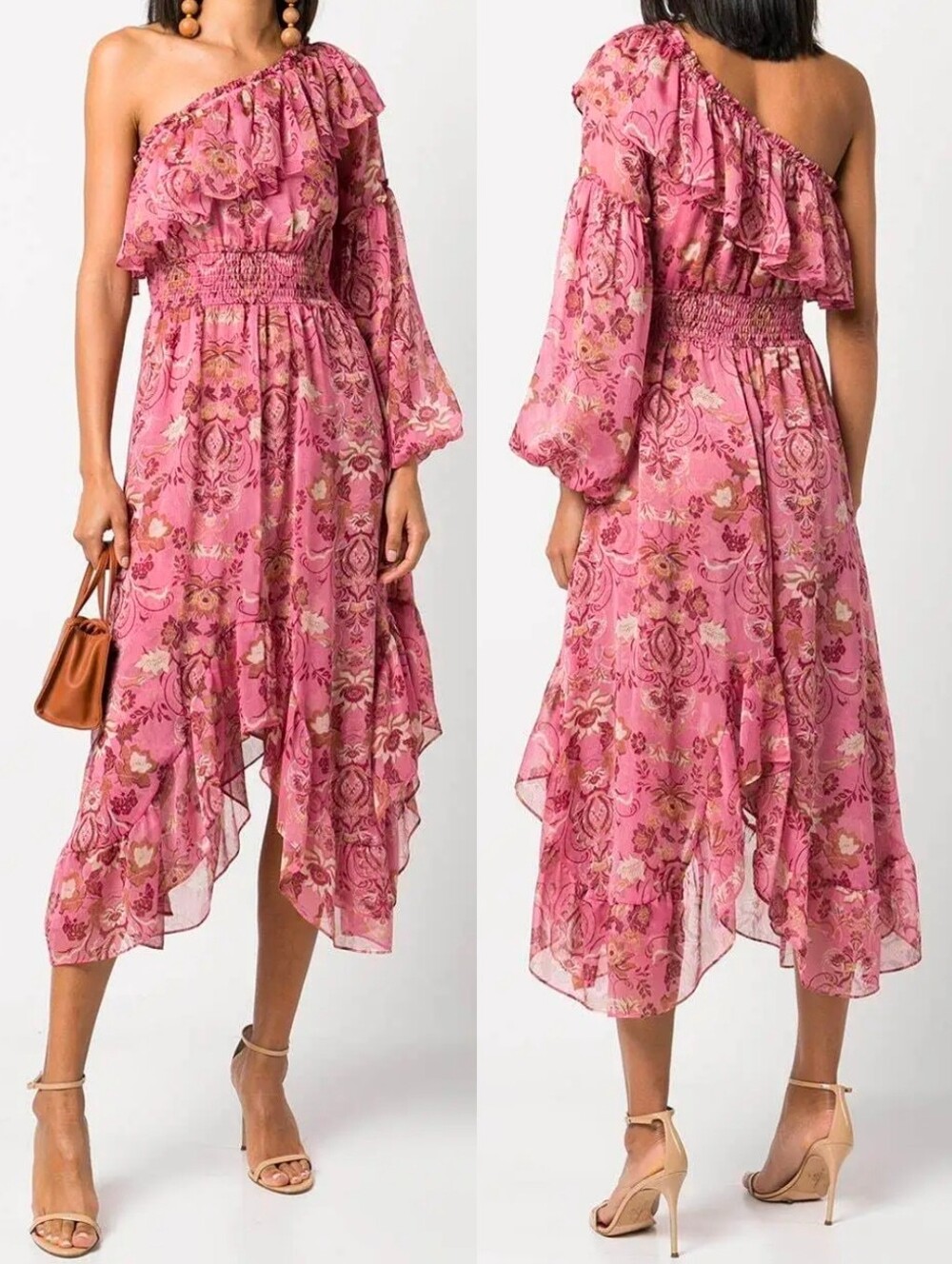 MISA Los Angeles Pink Floral Vola Ruffle Midi Dress
